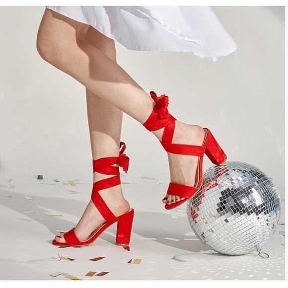 Trary Red Lace-Up Chunky Heels for Women Strappy, Comfortable Wide Width, 3-Inch - Picture 4 of 4